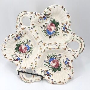 Vintage Italian Majolica Ceramic Divided Serving Dish Floral Hand Painted 11.5in